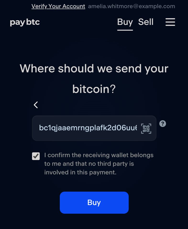 Step two of the buy form: the heading “Where should we send your bitcoin?”, a wallet address in the address field with the QR scanner beside it, the ticked wallet confirmation box and the Buy button.