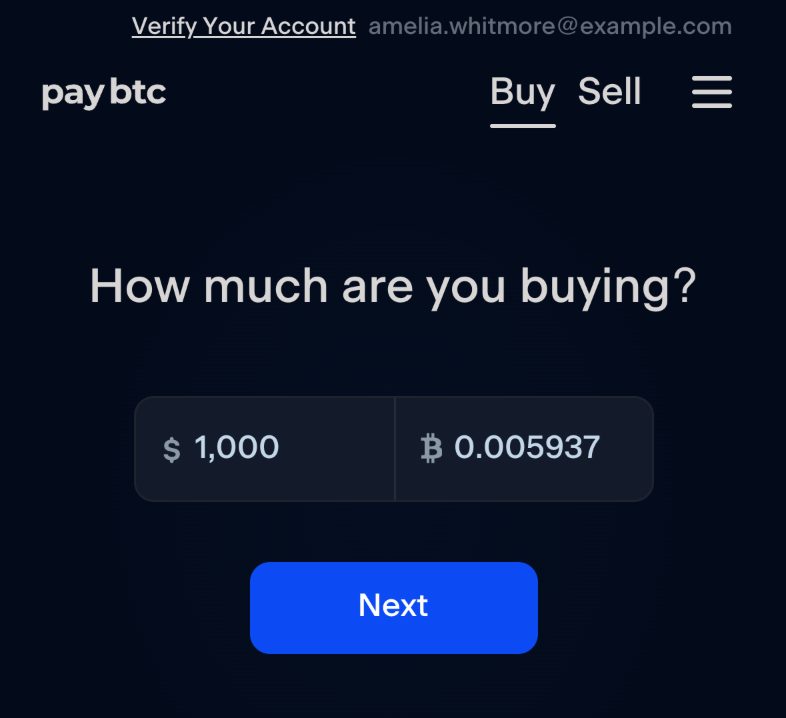 Step one of the buy form for a new account: the heading “How much are you buying?”, an amount in dollars with the matching amount of bitcoin beside it, and the Next button.