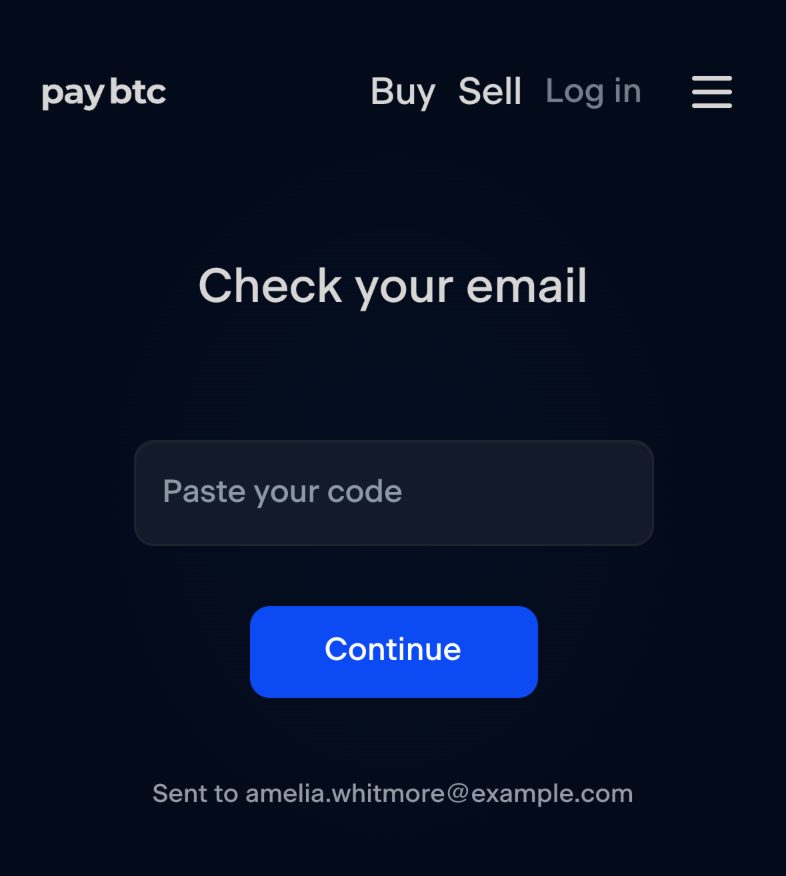 The login code screen: the heading “Check your email”, a “Paste your code” field, the Continue button and the email address the code was sent to.