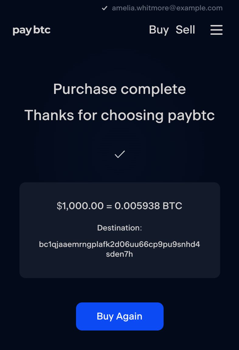 The finished order: “Purchase complete”, “Thanks for choosing paybtc”, a tick, the order summary and the Buy Again button.