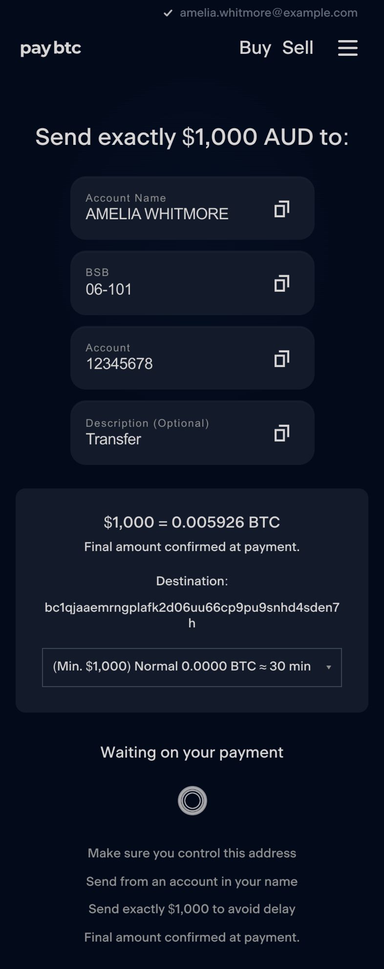 The order page for an example order of $1,000: the heading “Send exactly $1,000 AUD to:” above the account name, BSB, account number and optional description, each with a copy button, then the order summary, “Waiting on your payment”, “Send from an account in your name” and “Final amount confirmed at payment.”