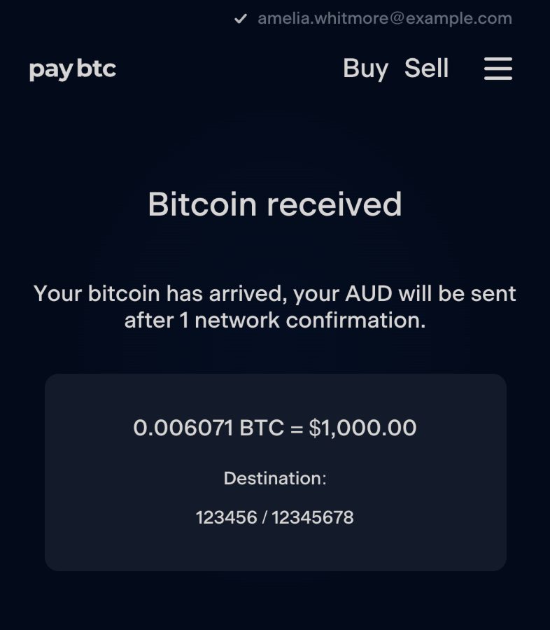 The order page once the wallet is confirmed: the heading “Bitcoin received”, the line “Your bitcoin has arrived, your AUD will be sent after 1 network confirmation.” and the order card.