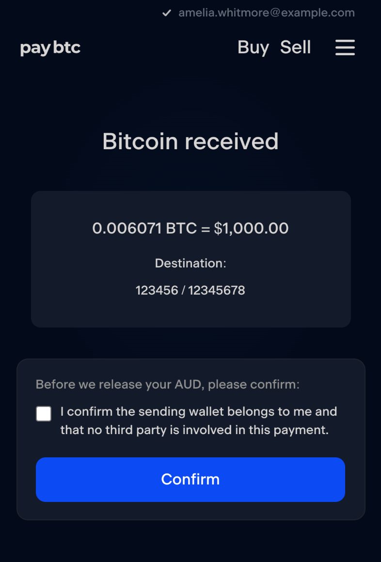 The order page once the bitcoin arrives: the heading “Bitcoin received”, the order card, the prompt “Before we release your AUD, please confirm:”, the sending wallet checkbox and the Confirm button.