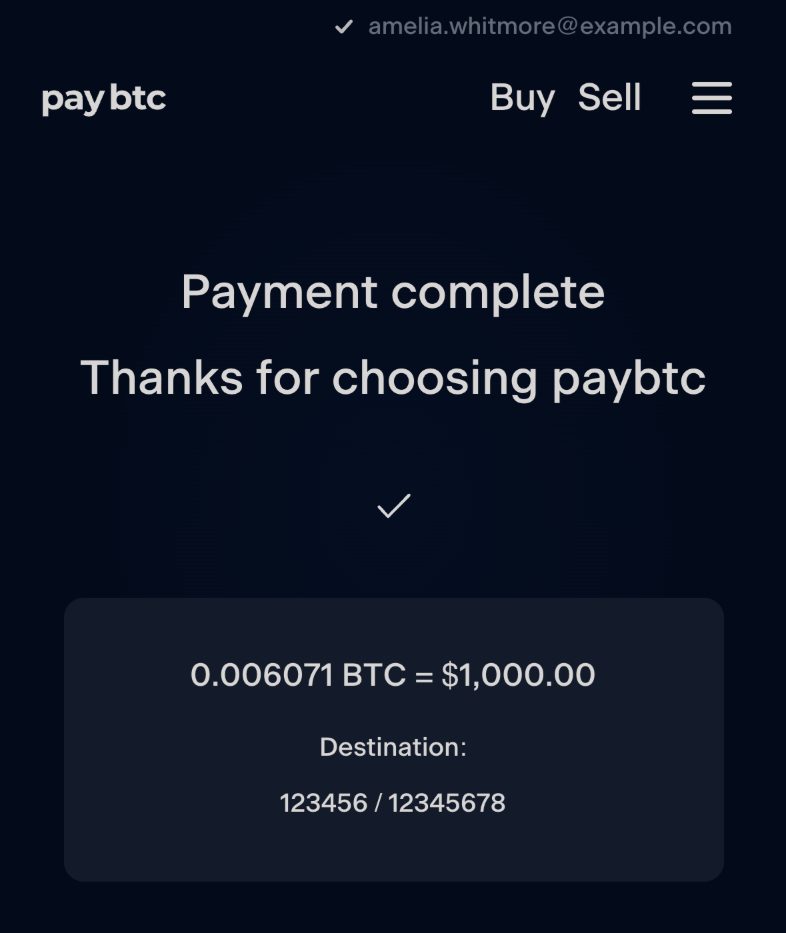 The finished order: “Payment complete”, “Thanks for choosing paybtc”, a tick and the order card.