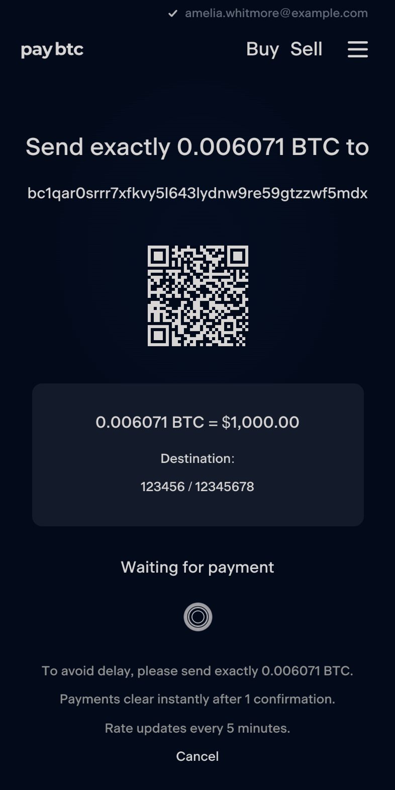 The order page: “Send exactly” with the BTC amount and the bitcoin address, a QR code, a card with the BTC amount, the AUD amount and the bank details under “Destination:”, “Waiting for payment”, and the line “Rate updates every 5 minutes.”