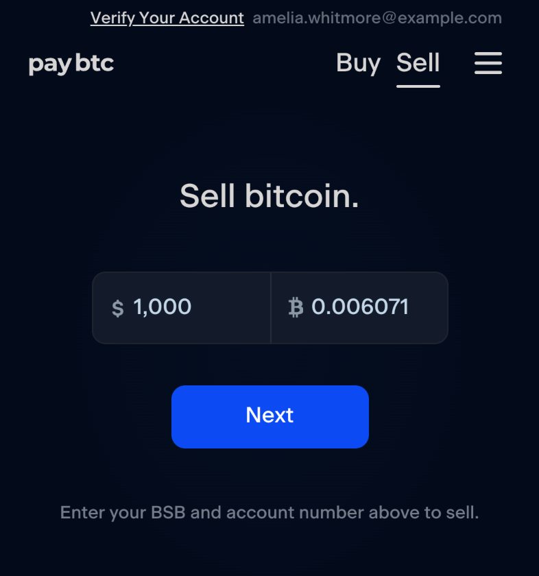 Step one of the sell form for a new account: the heading “Sell bitcoin.”, an AUD amount with the matching BTC filled in beside it, and the Next button.