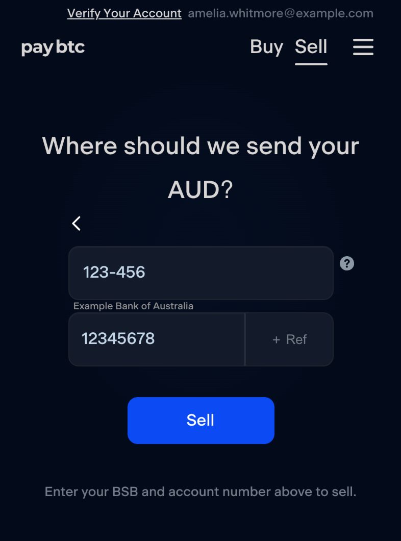 Step two of the sell form: the heading “Where should we send your AUD?”, a BSB with the bank's name shown under it, an account number, the “+ Ref” option and the Sell button.