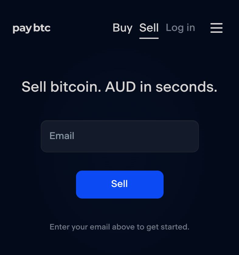 The paybtc sell page on a phone, signed out: the heading “Sell bitcoin. AUD in seconds.”, an Email field and the Sell button.