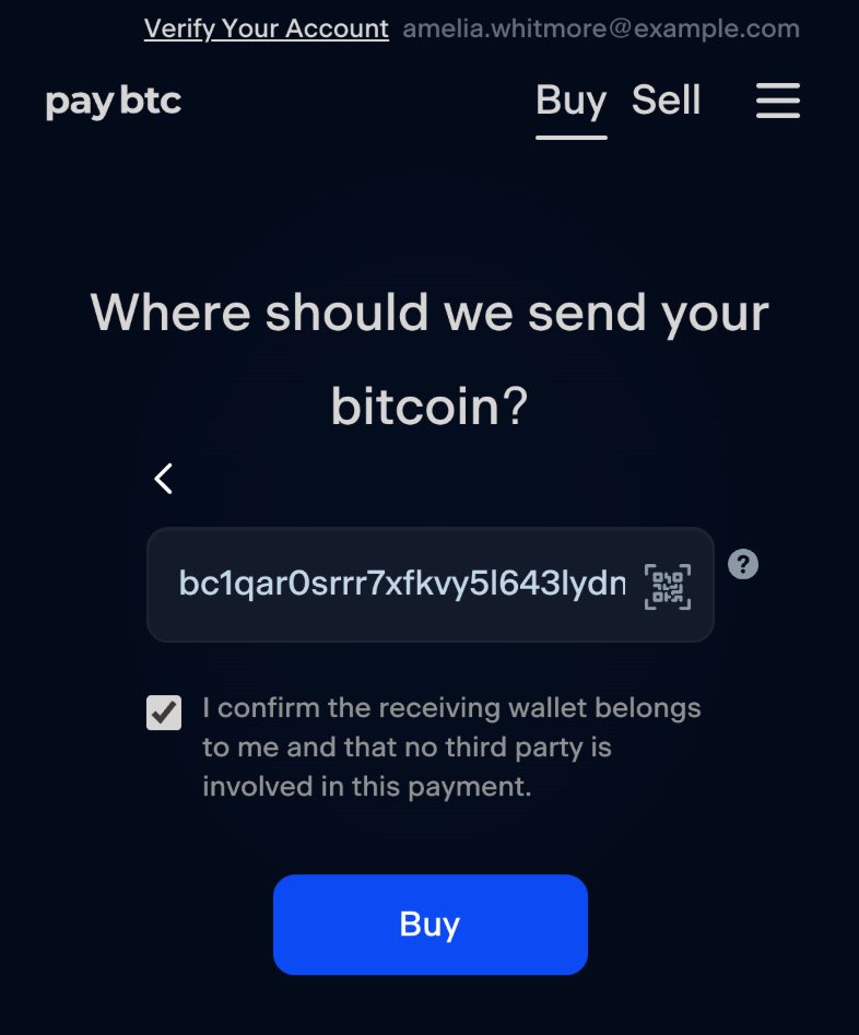 The second buy step for a new account: the heading “Where should we send your bitcoin?”, a bitcoin address in the address field beside its QR scanner icon, the ticked box beside the wallet confirmation sentence, and the Buy button.