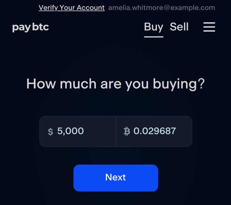 The first buy step for a new account: the heading “How much are you buying?”, $5,000 in the dollar field with the bitcoin amount beside it, and the Next button.