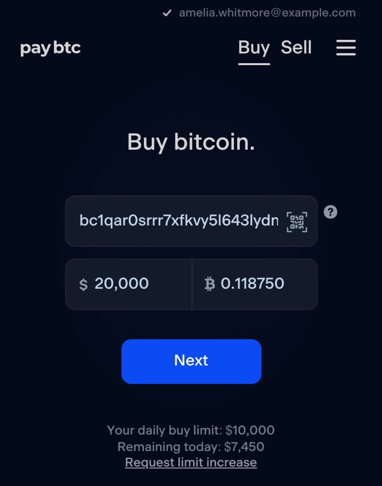 The buy form for a returning account after Next with more than remains today: the heading “Buy bitcoin.”, a bitcoin address, $20,000, the Next button, then the lines “Your daily buy limit” and “Remaining today” with this account's figures, and the Request limit increase link.