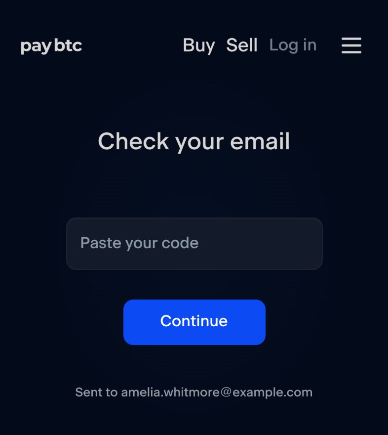 The login code screen: the heading “Check your email”, a “Paste your code” field, the Continue button and the address the code went to.