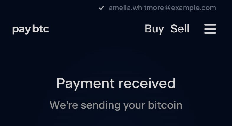 The order page once the payment arrives: “Payment received” and “We're sending your bitcoin”.