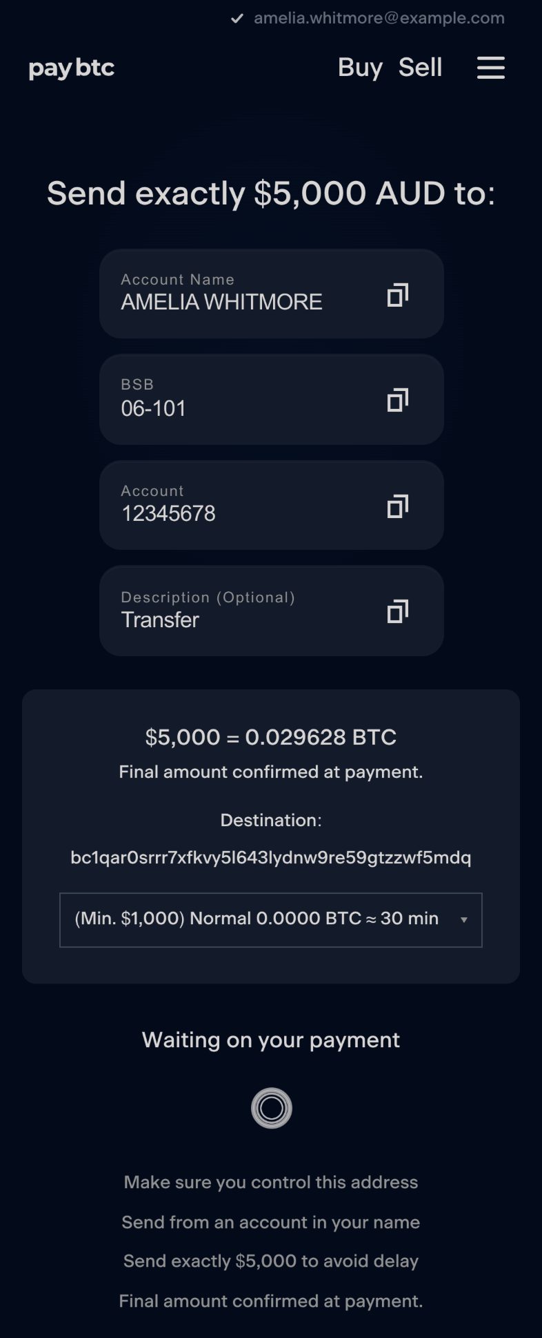 The order page: “Send exactly $5,000 AUD to:” above the account name, BSB, account number and description, each with a copy icon, then the order card, “Waiting on your payment” and the lines “Send from an account in your name” and “Send exactly $5,000 to avoid delay”.