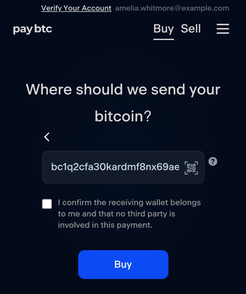 The buy form on a phone, signed in as a new account: the heading “Where should we send your bitcoin?”, a bitcoin address in the field with the QR scan icon, an empty tick box beside the wallet ownership sentence, and the Buy button.